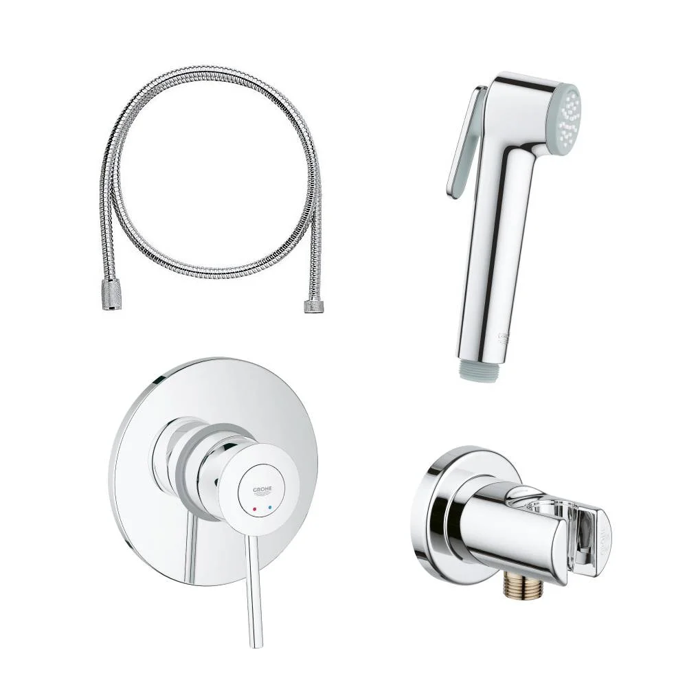 Приобрести готовый комплект для гигиенического душа grohe bauclassic, встраиваемый смеситель, гигиенический душ со шлангом и держателем, хром 124434