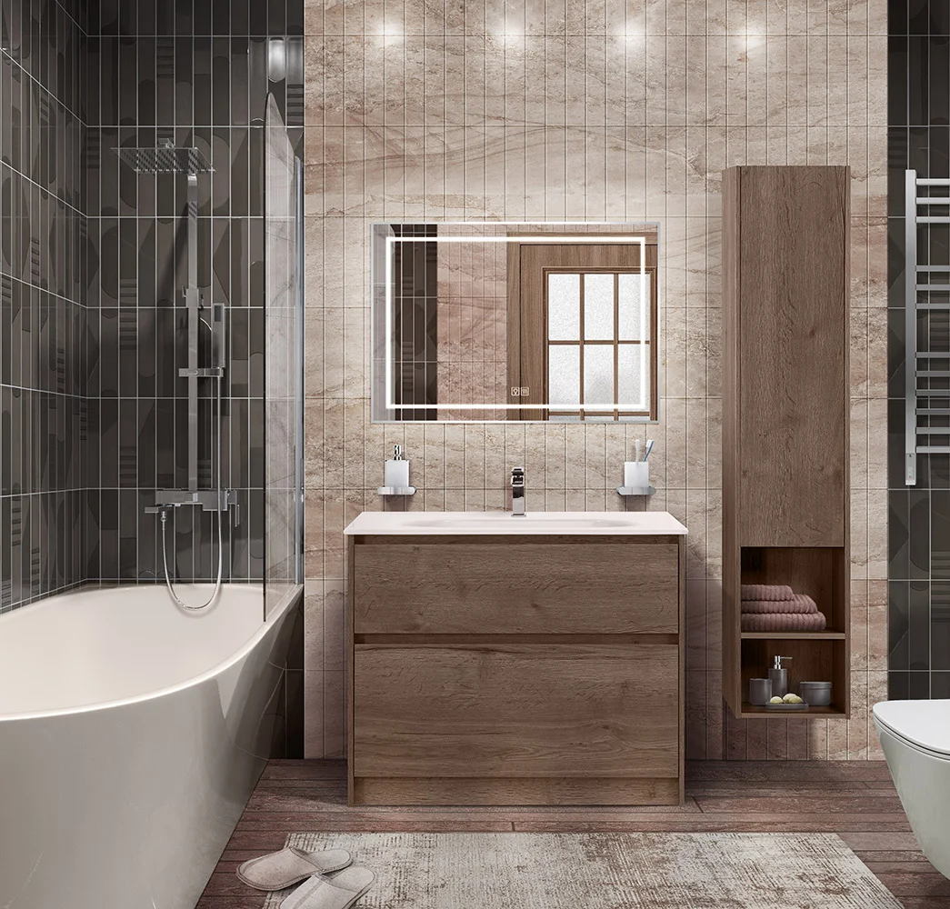 Приобрести belbagno тумба с раковиной kraft 100 см, напольнаяная rovere tabacco, стеклянная матовая раковина