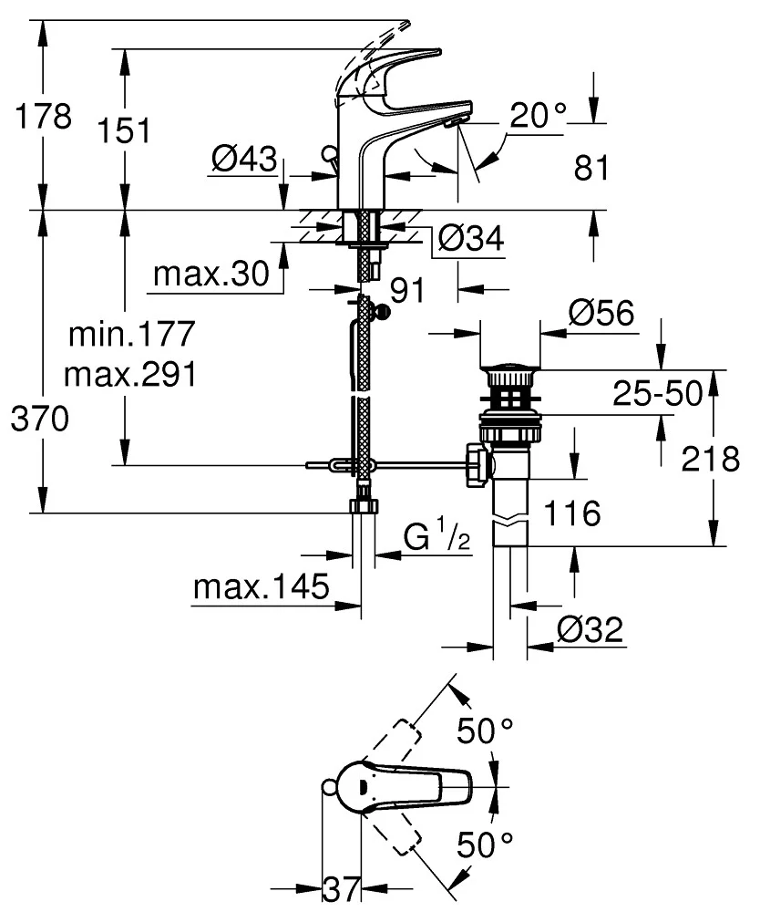 Приобрести смеситель для раковины grohe baucurve с донным клапаном, хром 32805000
