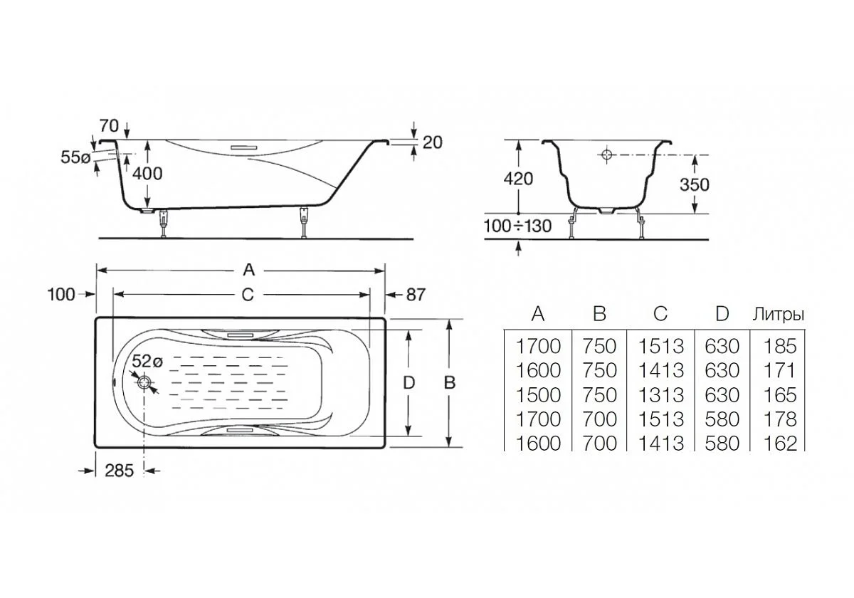 Приобрести ванна чугунная roca malibu 150х75 см 7.2315.g.000.r