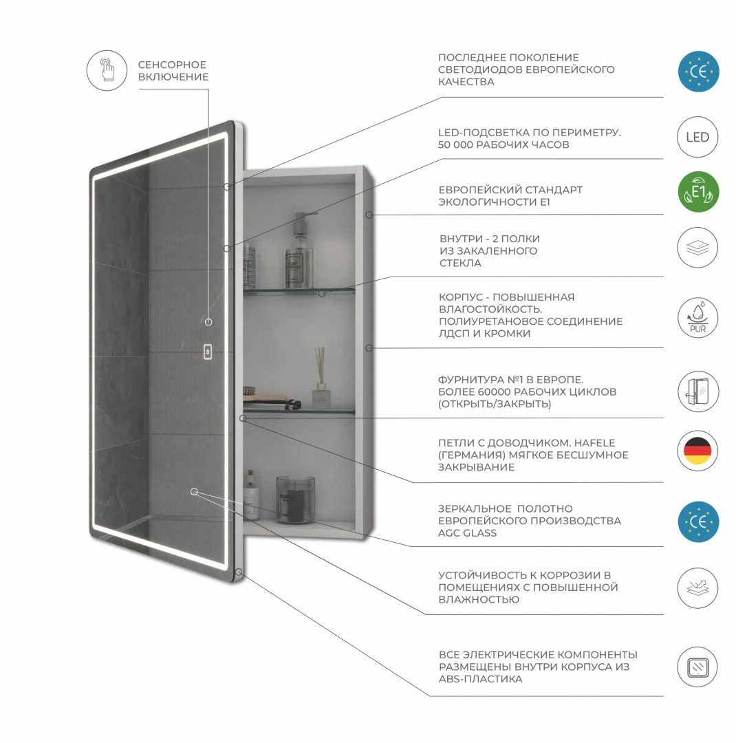 Приобрести vigo зеркало-шкаф geometry 60 см, сенсорное включение подсветки, белое zsh.geo.60.el