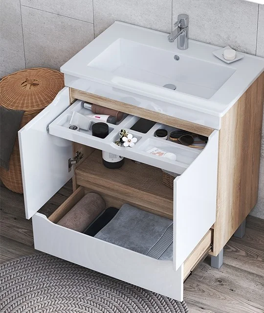 Приобрести vigo тумба с раковиной grani 60см, 2 дверцы, 1 ящик, напольная, белая\ дуб сонома tn.gri.eli.60.2d.1y дуб сонома