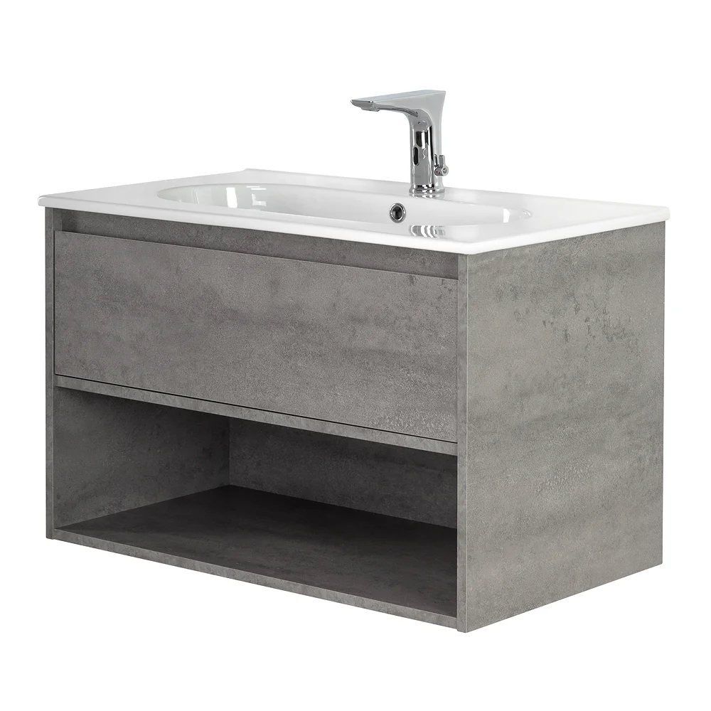 Приобрести belbagno тумба c раковиной kraft 80 см, с одним ящиком и полкой, подвесная cemento grigio, белая раковина