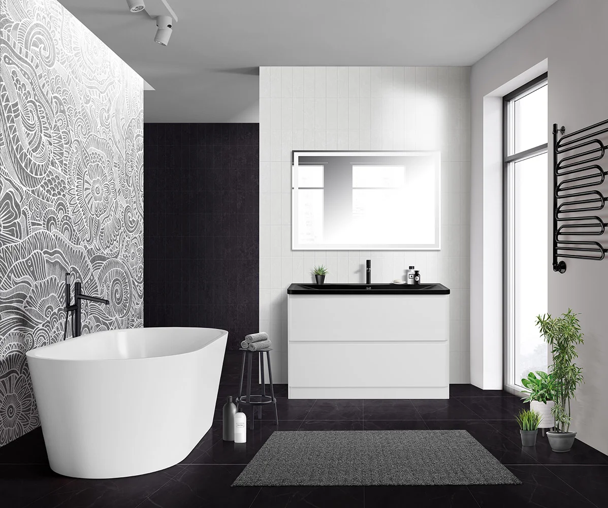 Приобрести belbagno тумба с раковиной albano 120 см, напольная bianco lucido, чёрная раковина
