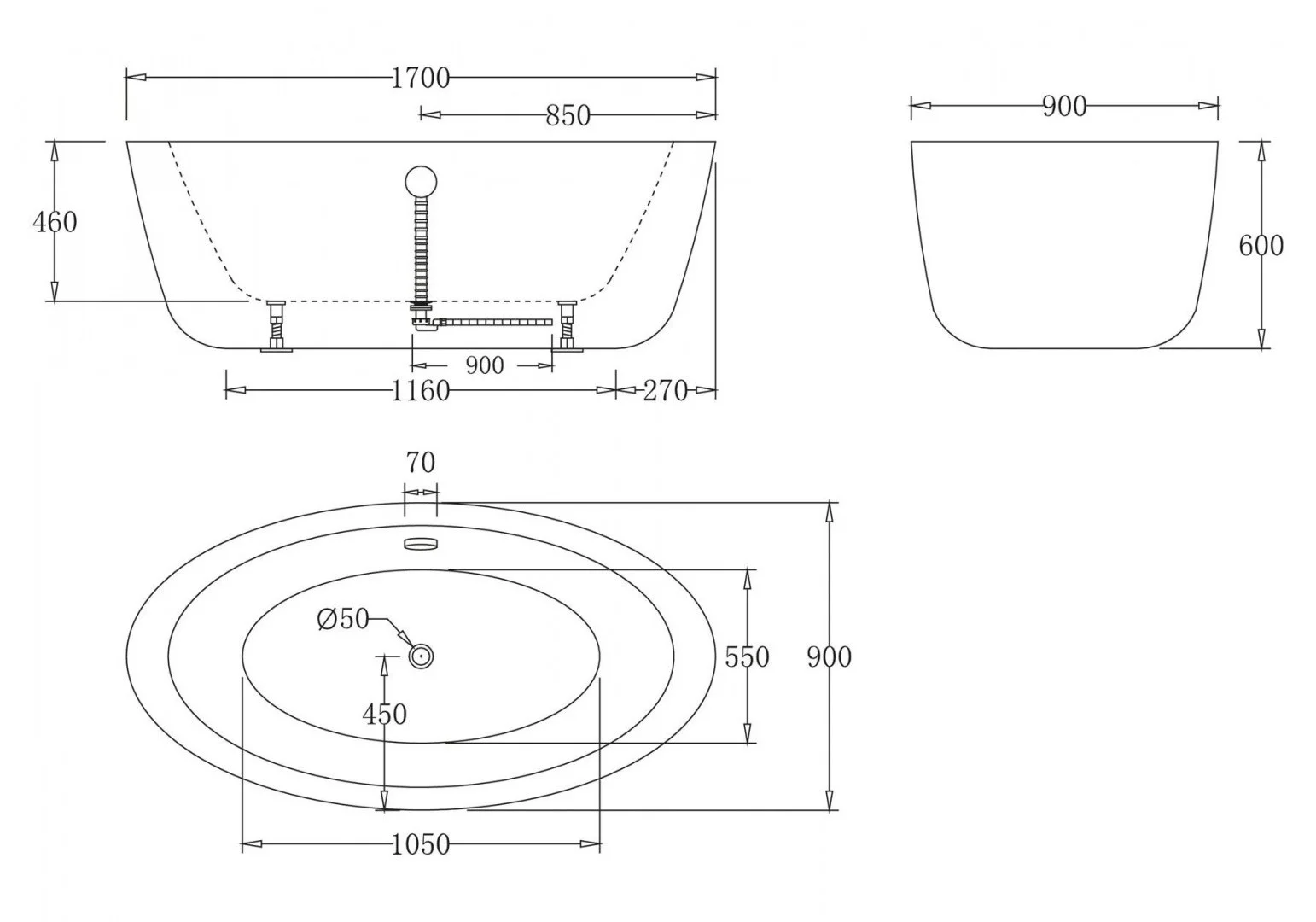 Приобрести ванна акриловая отдельностоящая belbagno 170x90 см, bb67-1700