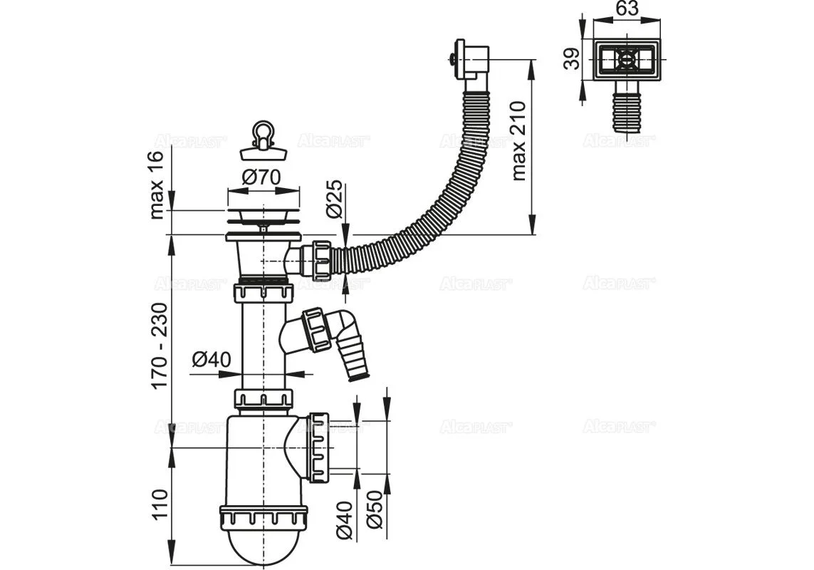 Приобрести сифон для мойки alcaplast a444p-dn50/40