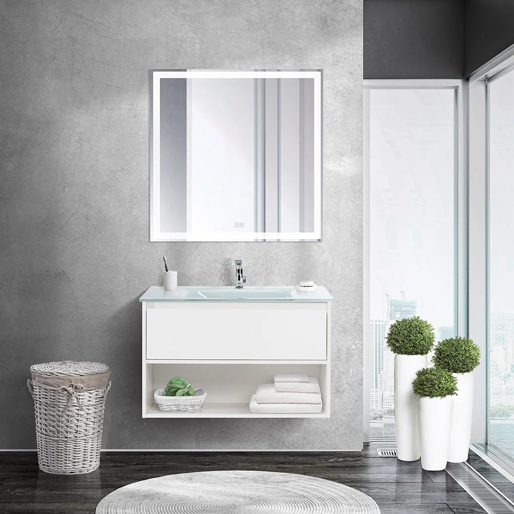 Приобрести belbagno тумба c раковиной kraft 80 см, с одним ящиком и полкой, подвесная bianco opaco, стеклянная раковина