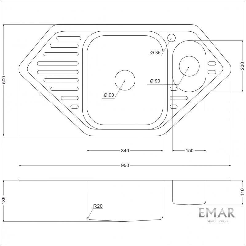 Приобрести emar кухонная мойка 95х50 см, хром emar 9550с