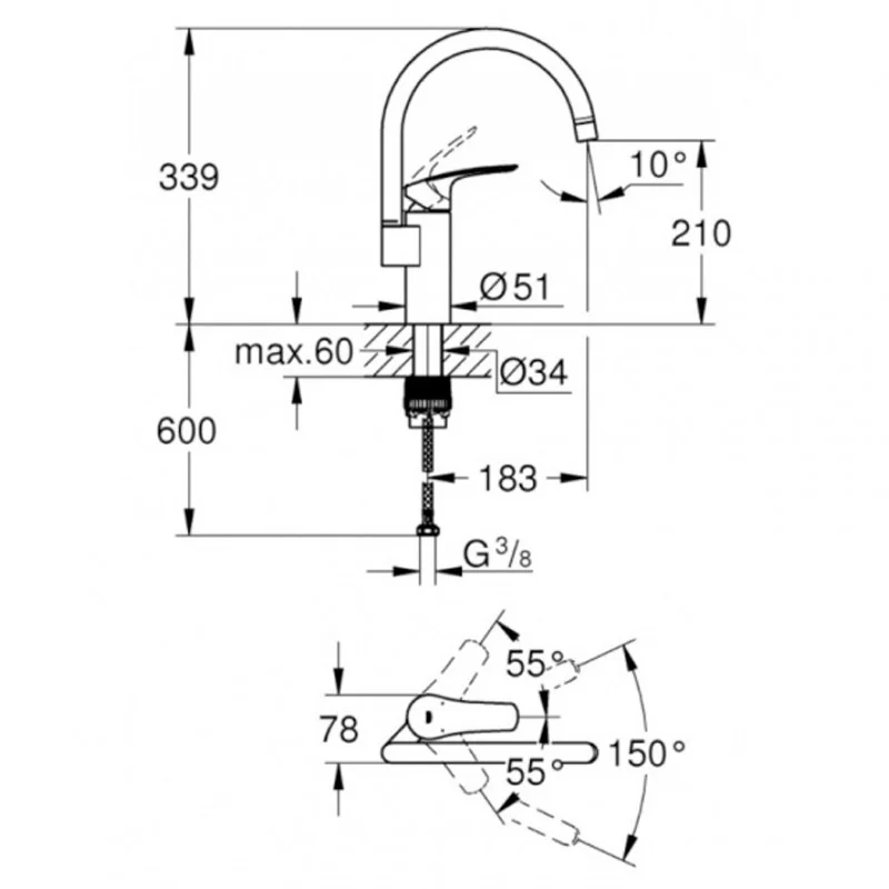 Приобрести смеситель для кухни grohe eurosmart с высоким изливом, хром 33202003