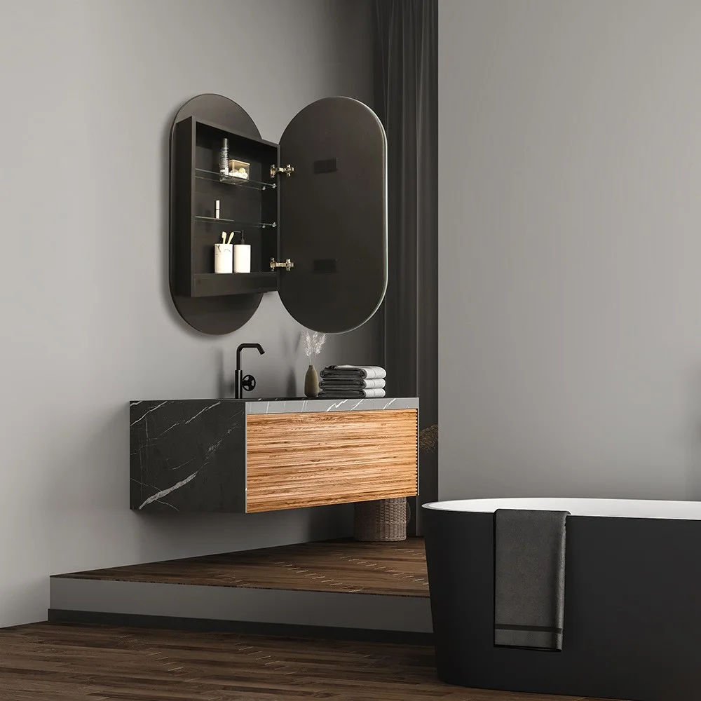 Приобрести зеркало-шкаф azario soho black 50х100 см. с подсветкой, сенсорный вкл. жк-часы, подогрев, диммер, черный led-00002612