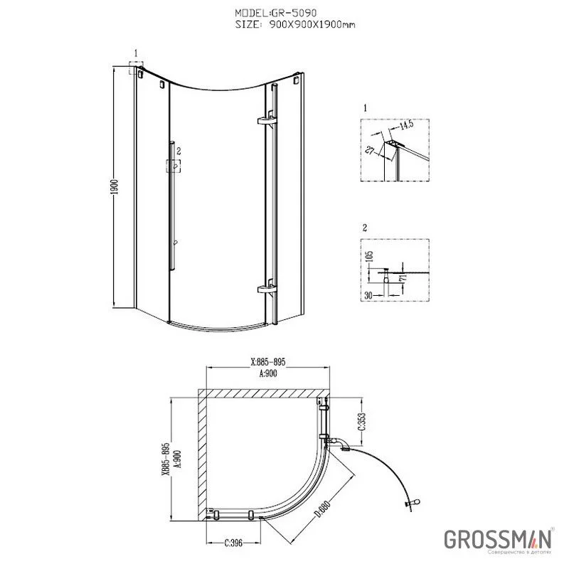 Приобрести grossman душевое ограждение style 90х90 см, хром\прозрачное gr-5090