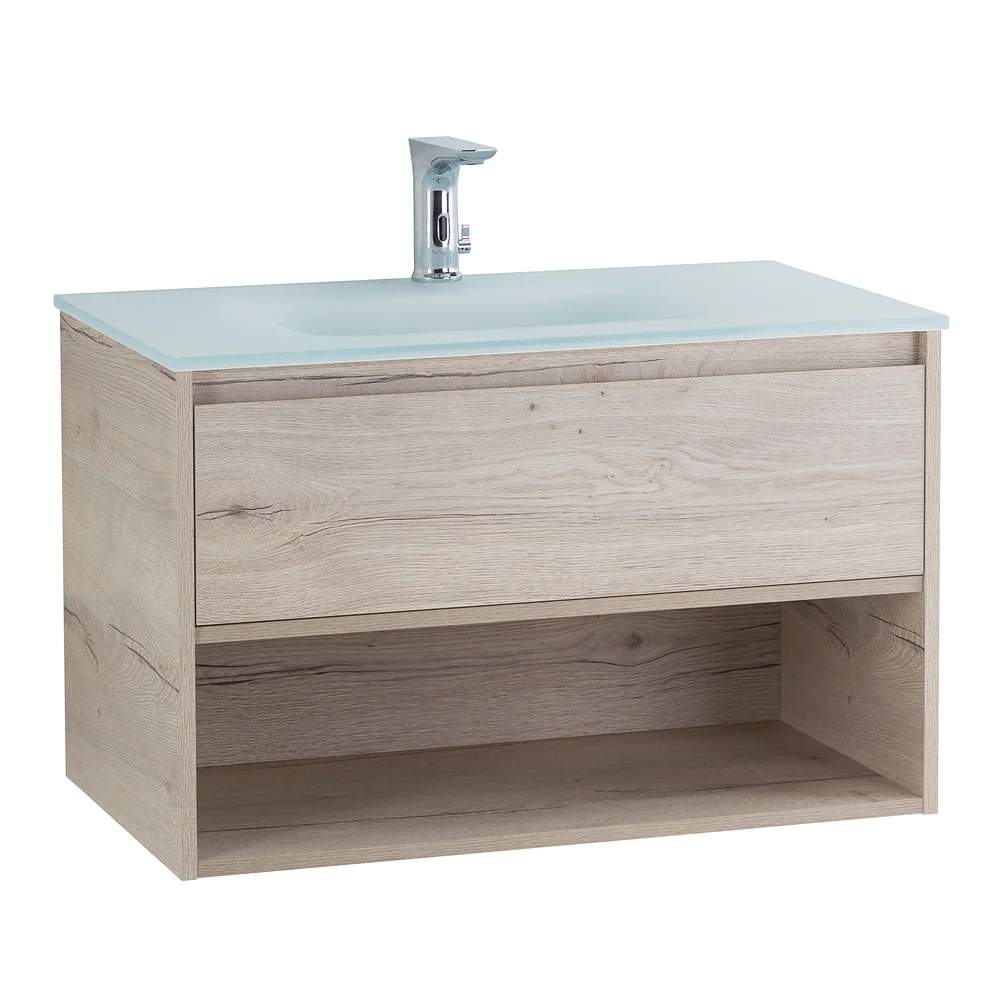 Приобрести belbagno тумба c раковиной kraft 80 см, с одним ящиком и полкой, подвесная rovere galifax bianco, стеклянная раковина