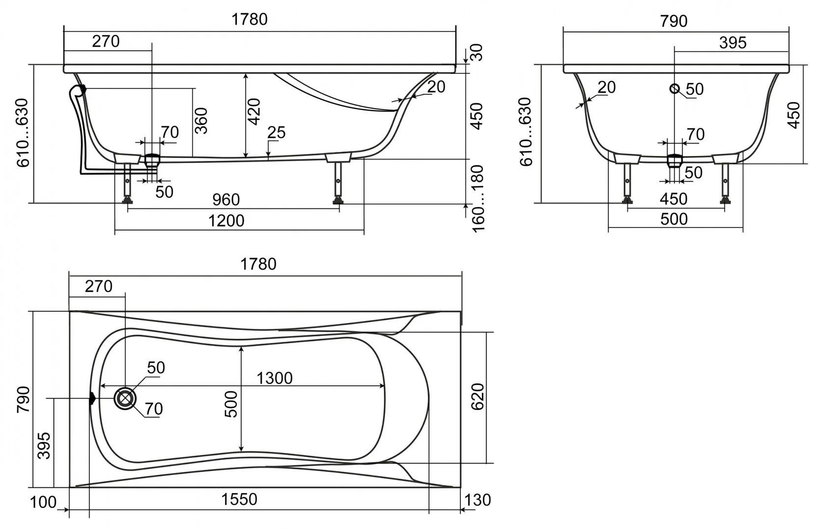 Приобрести aqua de marco пристенная ванна mira 178x79см, каменные ножки 1180wmir