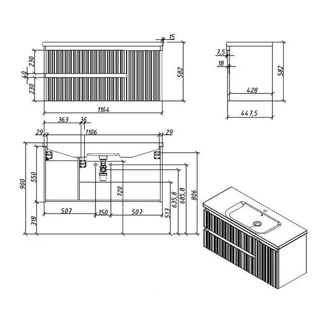Приобрести caprigo тумба с раковиной forte-smalty type 120 см, правая, серая