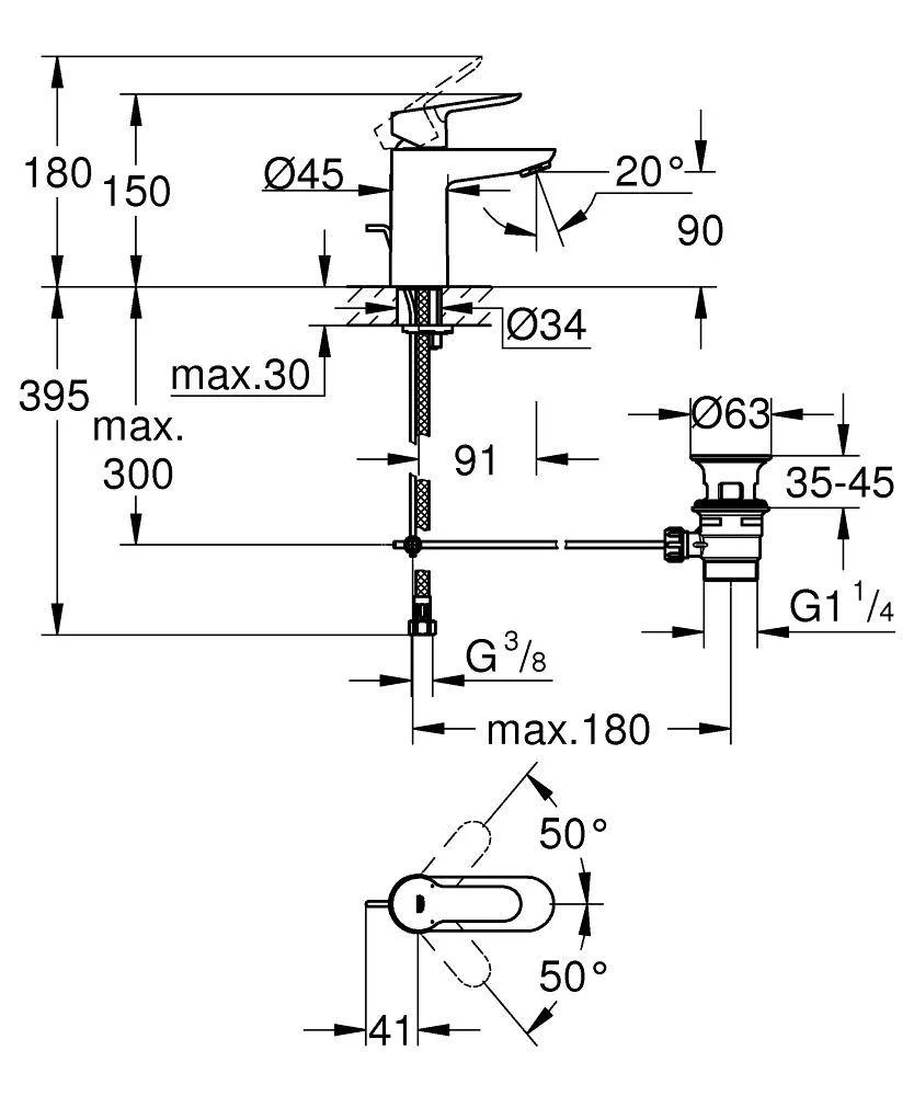 Приобрести смеситель для раковины grohe bauedge с донным клапаном, хром 23328000
