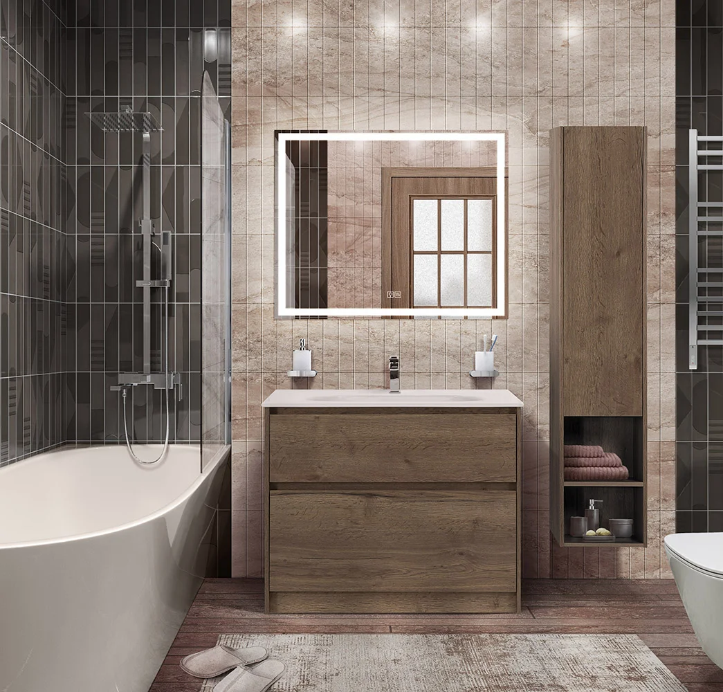 Приобрести belbagno тумба с раковиной kraft 100 см, напольнаяная rovere tabacco, стеклянная матовая раковина