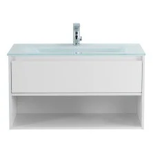 BelBagno Тумба c раковиной KRAFT 90 см, с одним ящиком и полкой, подвесная Bianco Opaco, стеклянная раковина