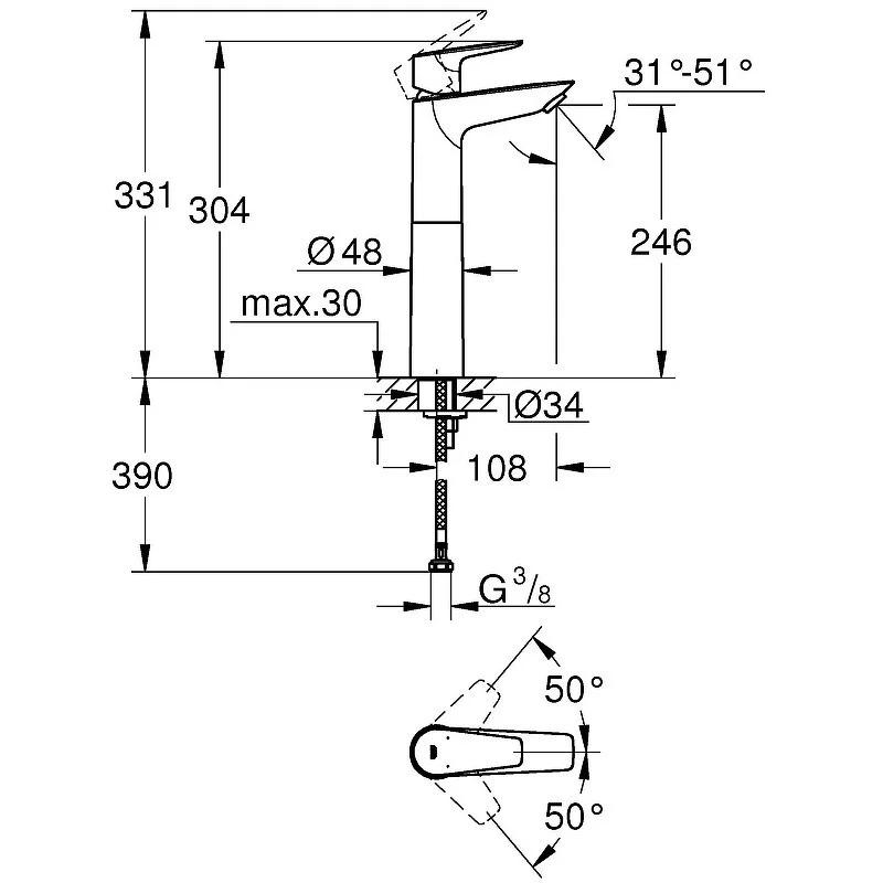 Приобрести смеситель для раковины grohe bauedge, высокий xl-size, хром 23761001