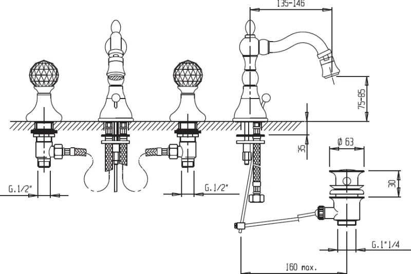 Приобрести cezares смеситель для биде atlantis с донным клапаном, золото atlantis-bbs2-03/24-sw
