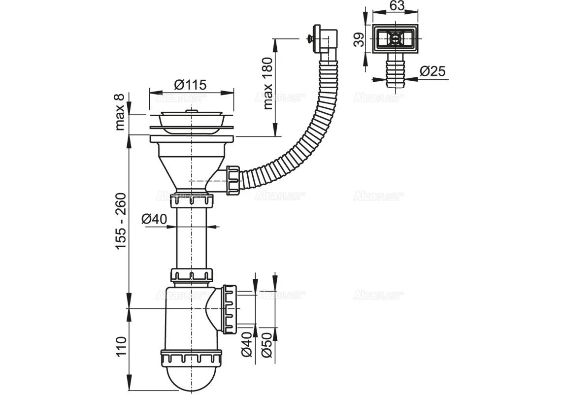 Приобрести сифон для мойки alcaplast a447 -dn50/40