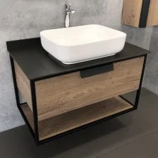 Сomforty Тумба со столешницей "Кёльн-90-1", дуб темный с черной столешницей и раковиной