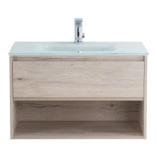 BelBagno Тумба c раковиной KRAFT 80 см, с одним ящиком и полкой, подвесная Rovere Galifax Bianco, стеклянная раковина