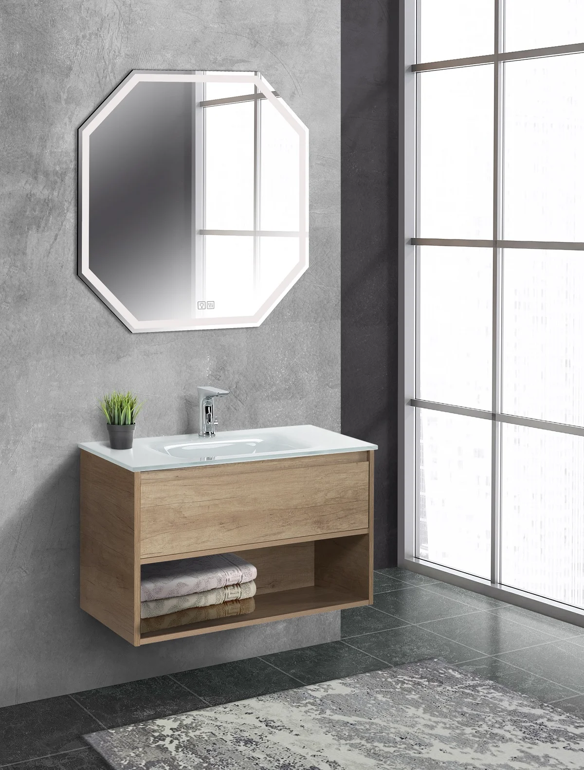 Приобрести belbagno тумба c раковиной kraft 80 см, с одним ящиком и полкой, подвесная rovere nebrasca nature, стеклянная раковина