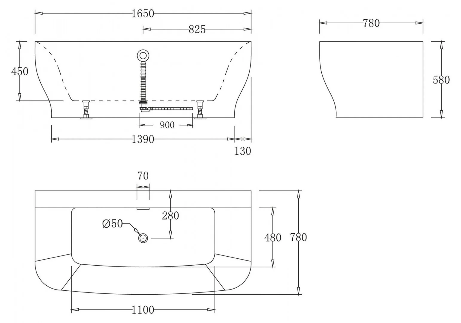 Приобрести ванна акриловая пристенная belbagno 165x78 см, bb74-1650