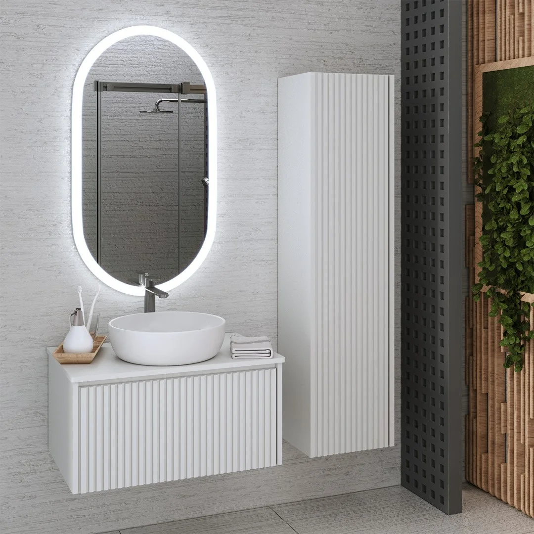 Приобрести шкаф-пенал подвесной monaco 35 см. белая кожа