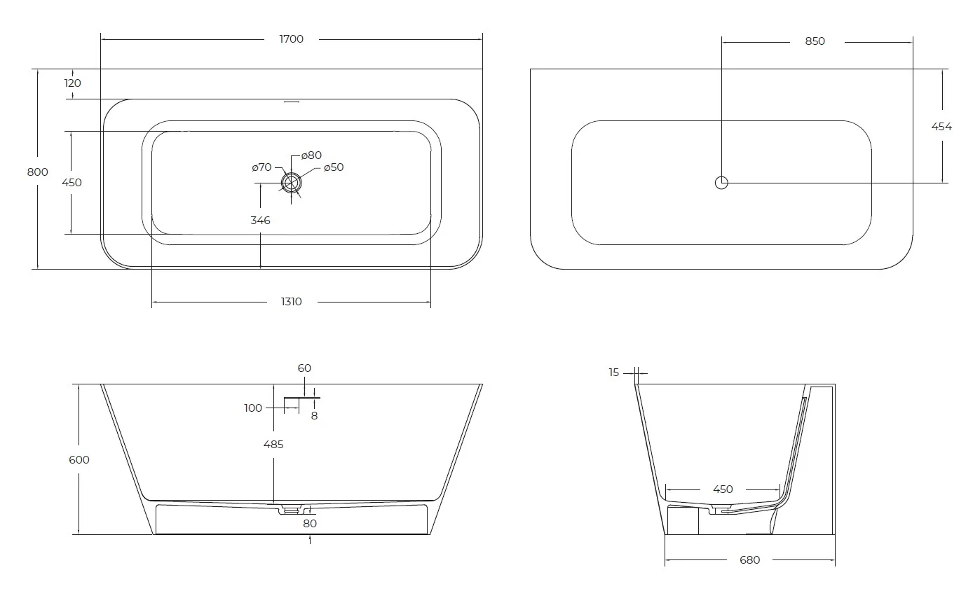Приобрести cezares пристенная ванна solid surface 170х80 см, белая czr-liner-170-80-60-ssb