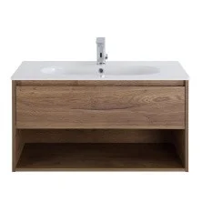 BelBagno Тумба c раковиной KRAFT 90 см, с одним ящиком и полкой, подвесная Rovere Tabacco, белая раковина