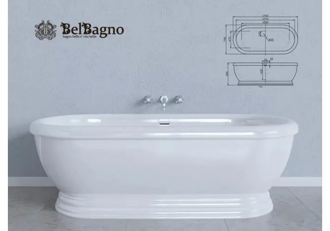 Приобрести ванна акриловая отдельностоящая belbagno 180х80 см, bb03