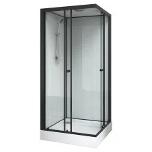 Loranto Душевая кабина NEO 90x90x(190+15) с низким поддоном 15см, прозрачное закаленное стекло 5 мм, задние стеклянные стенки белые, профиль черный-матовый (CS-22110)