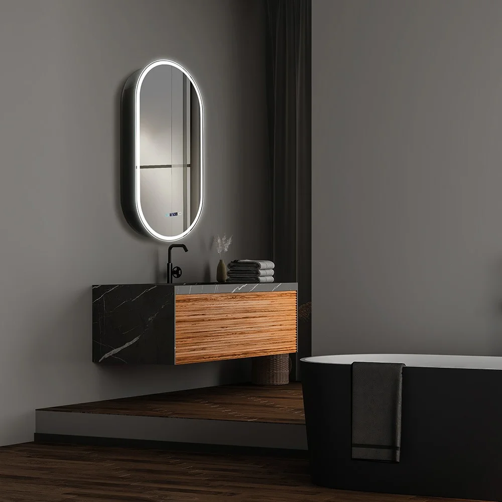 Приобрести зеркало-шкаф azario soho black 50х100 см. с подсветкой, сенсорный вкл. жк-часы, подогрев, диммер, черный led-00002612