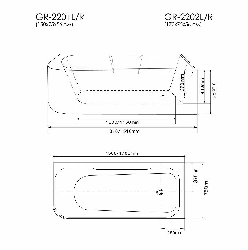Приобрести grossman акриловая ванна 150x75 см, пристенная, белая gr-2201r
