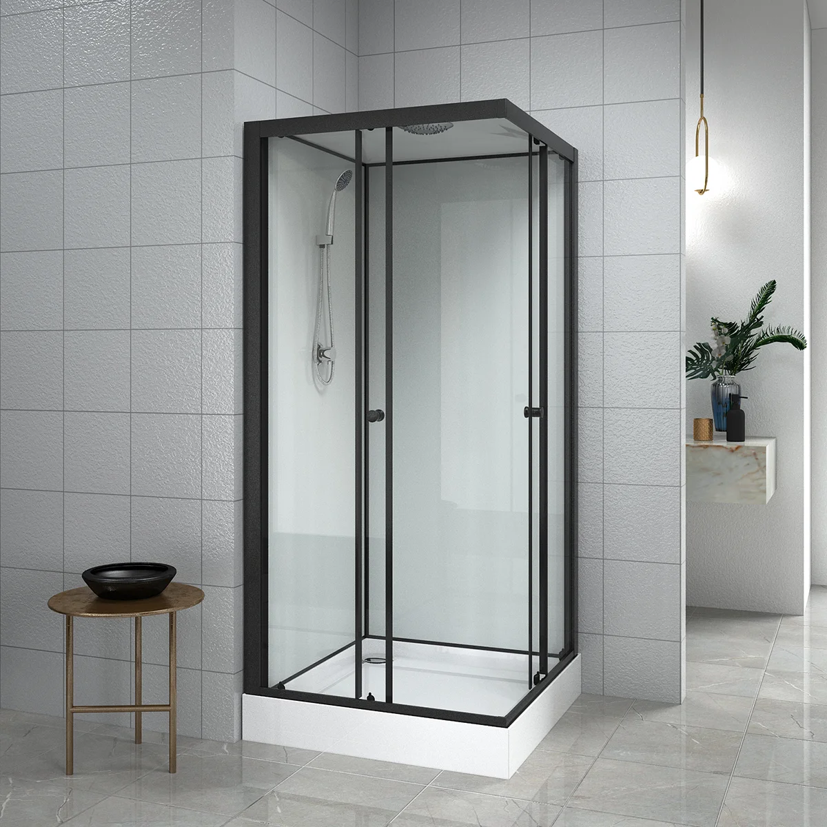 Приобрести loranto душевая кабина neo 90x90x(190+15) с низким поддоном 15см, прозрачное закаленное стекло 5 мм, задние стеклянные стенки белые, профиль черный-матовый (cs-22110)