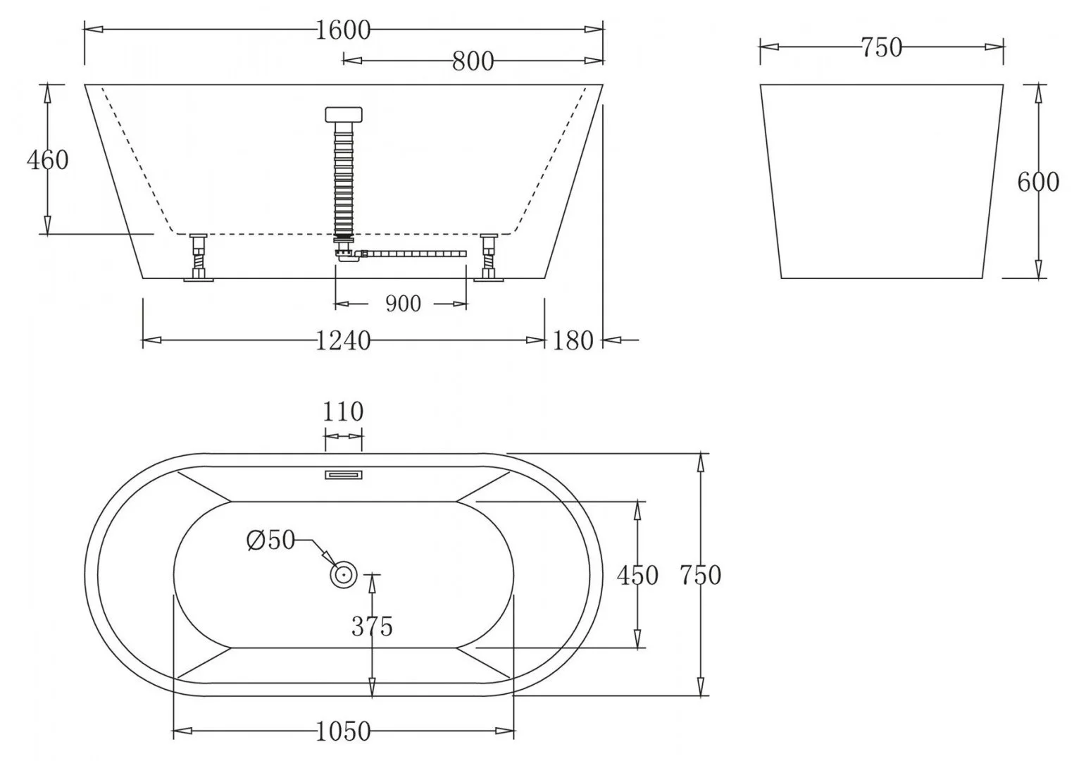 Приобрести ванна акриловая отдельностоящая belbagno 160x75 см, bb71-1600