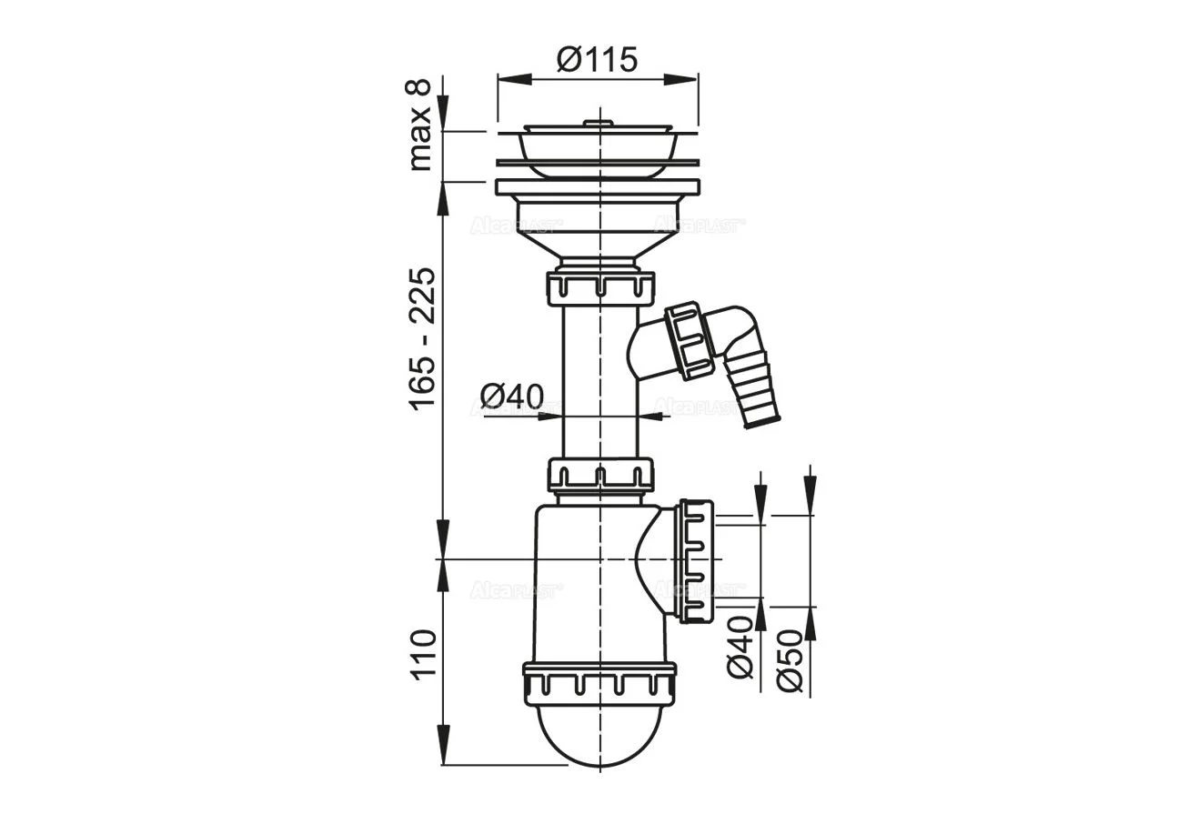 Приобрести сифон для мойки alcaplast a446p ø50/40