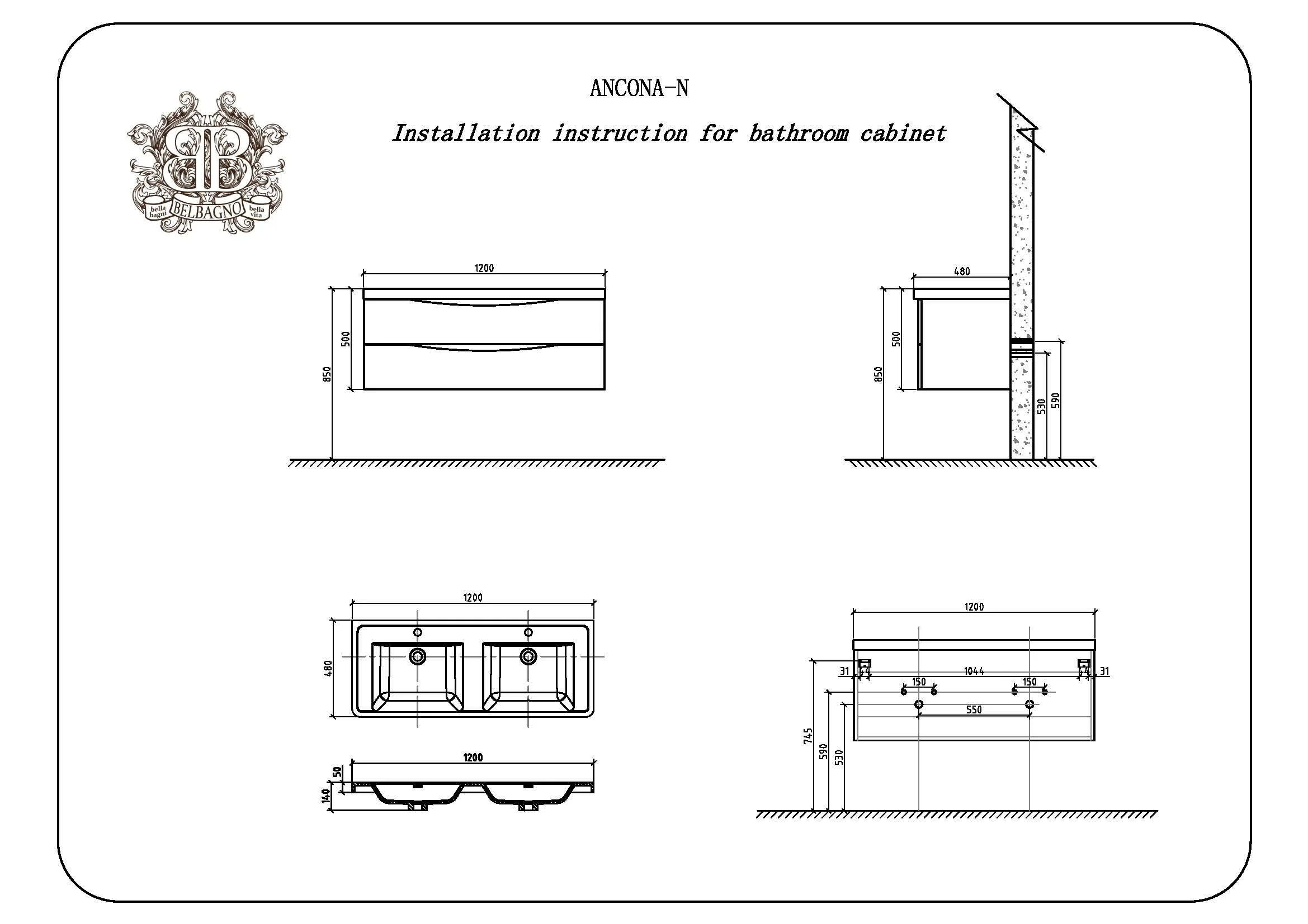 Приобрести belbagno тумба с раковиной ancona-n 120 см, подвесная bianco lucido, белая раковина