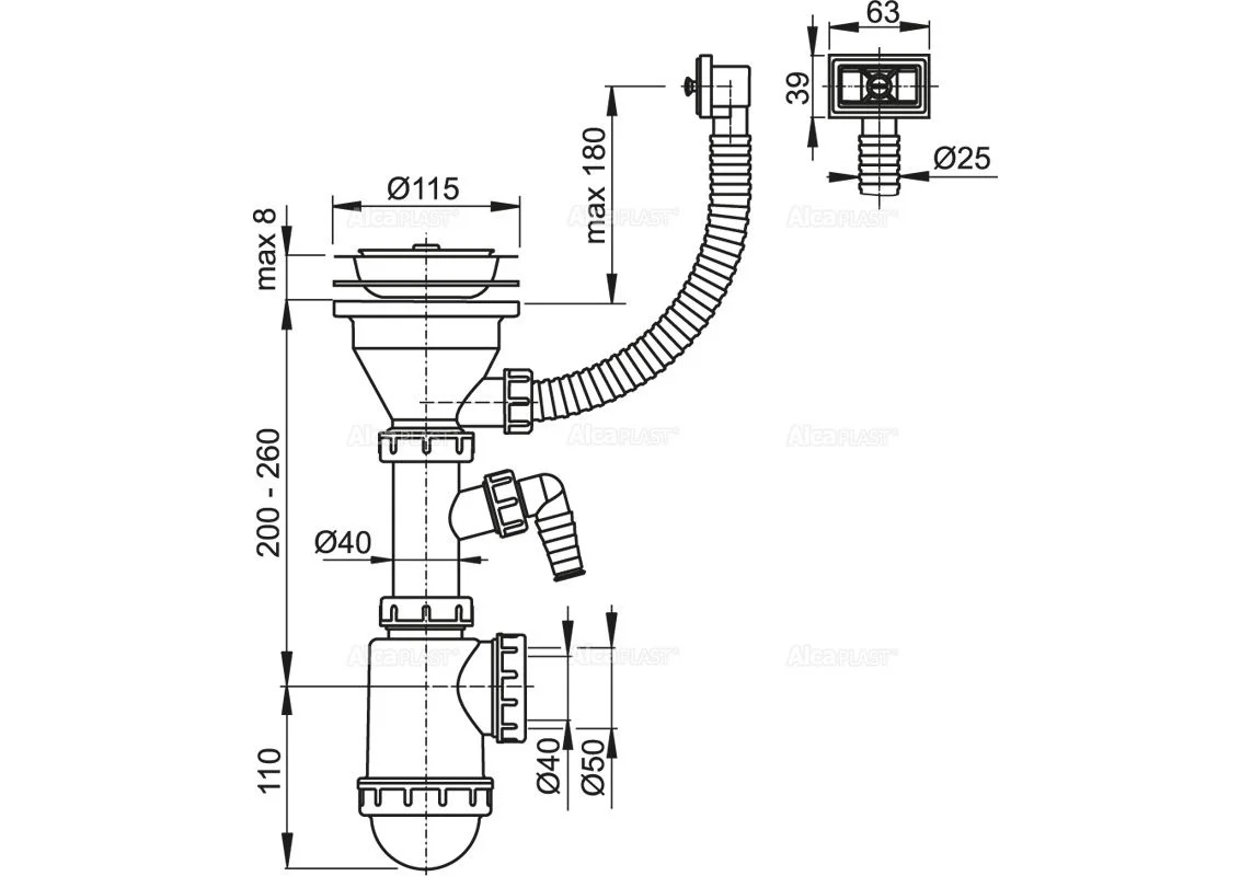 Приобрести сифон для мойки alcaplast a447p -dn50/40