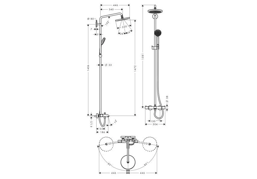 Приобрести 27223000 croma 220 showerpipe для ванны, поворотный держатель 400 мм, ½’