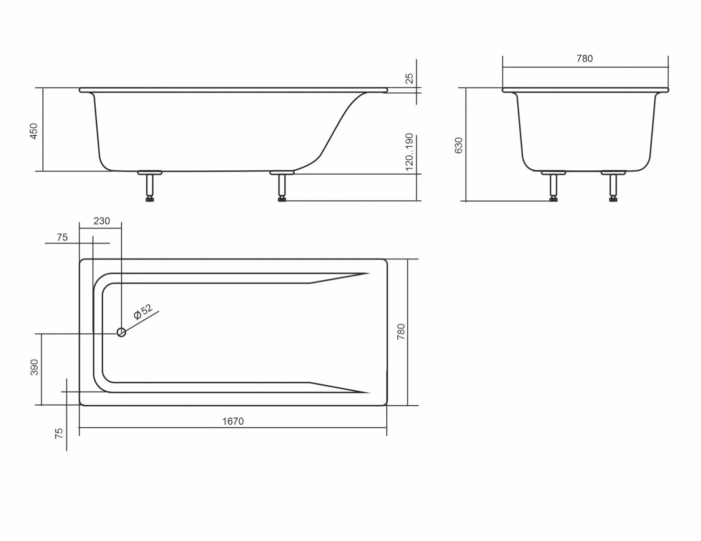 Приобрести aqua de marco пристенная ванна malta 167x77см, металлические ножки 1170wmal/1