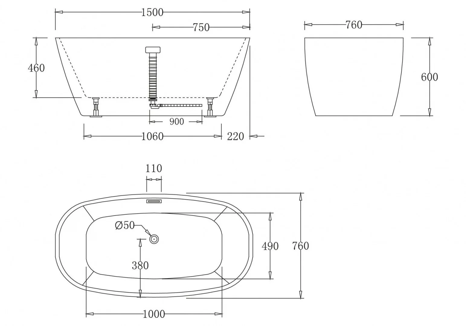 Приобрести ванна акриловая отдельностоящая belbagno 150x76 см, bb72-1500