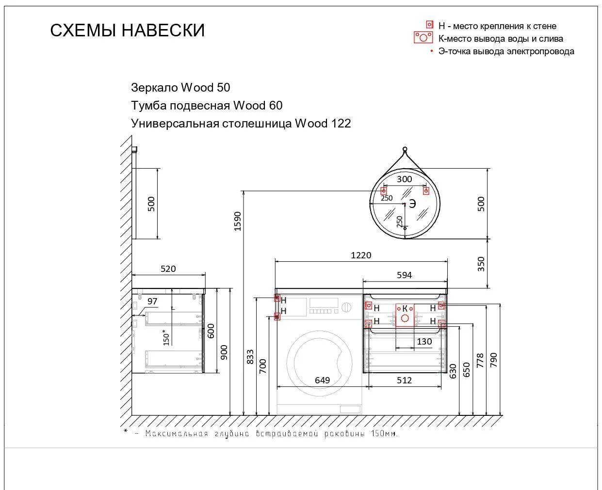 Приобрести jorno тумба подвесная wood 120 см со столешницей светлое дерево, аннтацит