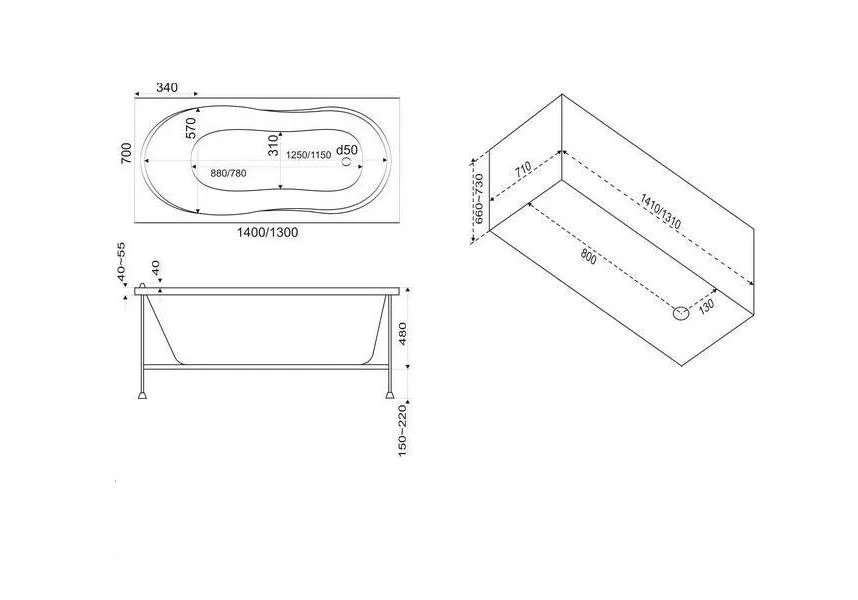 Приобрести bas акриловая ванна тесса стандарт плюс (каркас) 140х70