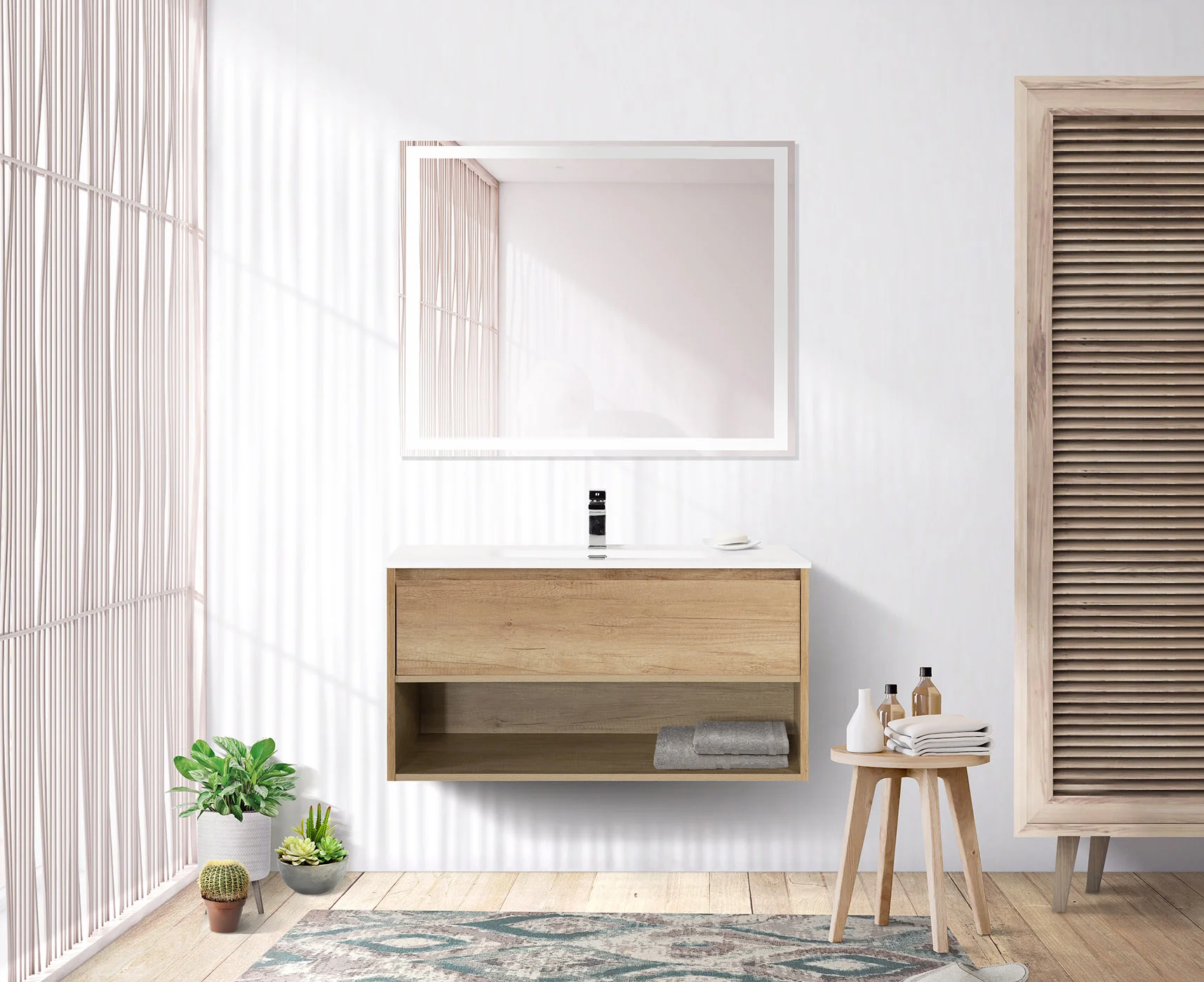 Приобрести belbagno тумба c раковиной kraft 100 см, с одним ящиком и полкой, подвесная rovere nebrasca nature, белая раковина