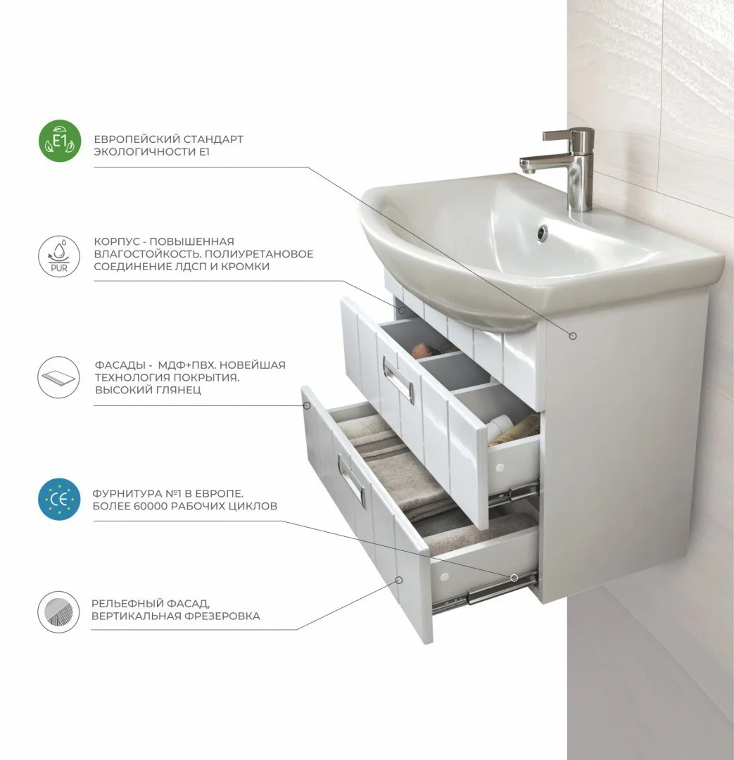 Приобрести vigo тумба с раковиной diana 60см, 2 ящика, подвесная, белая tp.dia.bal.60.2y