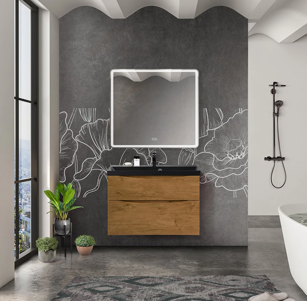Приобрести belbagno тумба с раковиной marino-h60 80 см, подвесная rovere nature, черная раковина