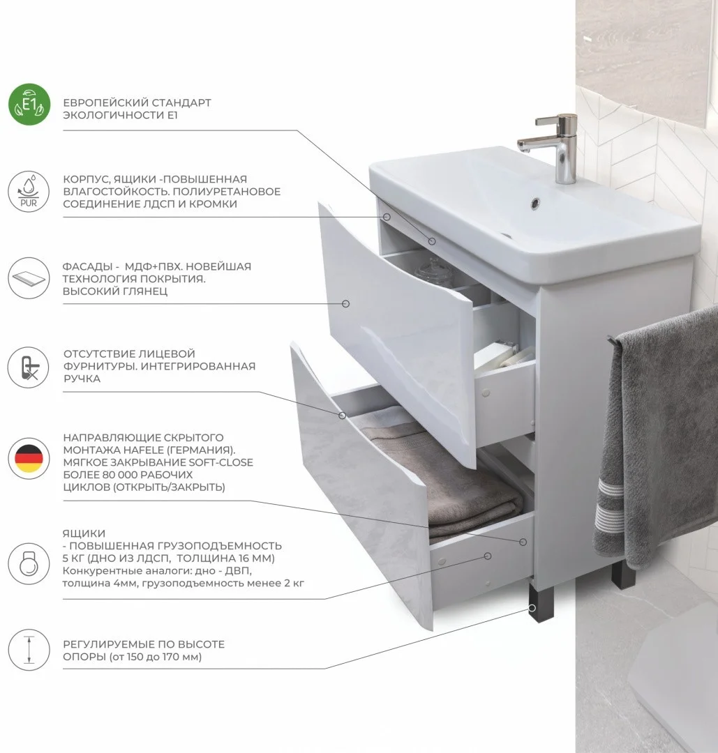 Приобрести vigo тумба с раковиной glem 80см, 2 ящика, напольная, белая tn.gle.9595.80.2y