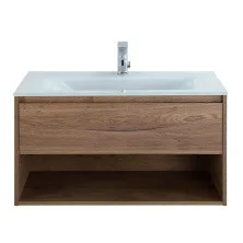 BelBagno Тумба c раковиной KRAFT 90 см, с одним ящиком и полкой, подвесная Rovere Tabacco, стеклянна раковина